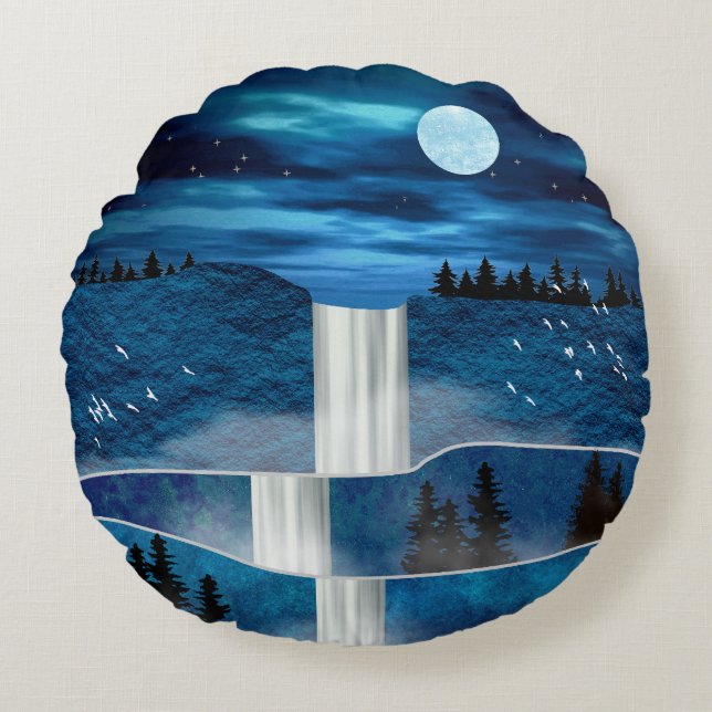 Blaues Wasserfall-Kissen Rundes Kissen (Vorderseite)