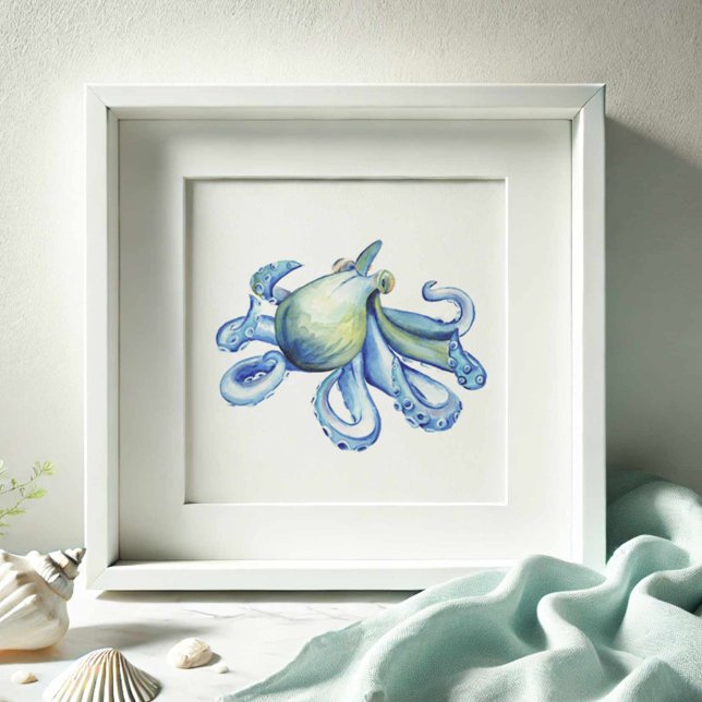 Blaues Wasserfarben-Octopus-Poster Poster (Watercolor paintings beach art blue octopus by Victoria Grigaliunas of Do Tell A Belle)