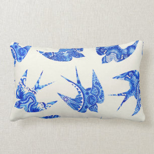 Blaues Wasserfarben Vogelmuster Lendenkissen