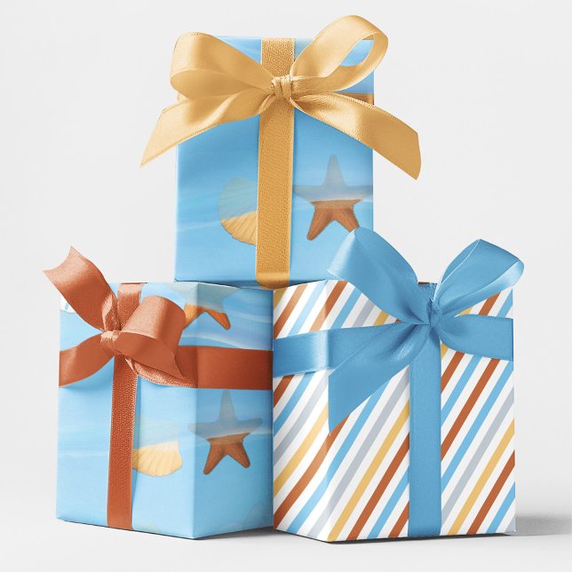 Blaues Wasserfarbengeflecht Geschenkpapier Set (Seaside Watercolor ocean sand dollars and seashells wrapping paper.)