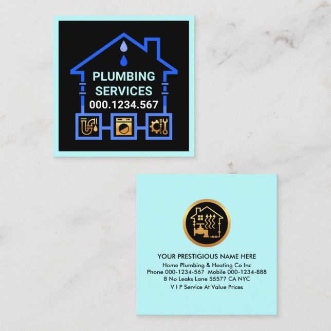 Blaues Wasserrohr Leaking Zuhause Quadratische Visitenkarte (Vorne/Hinten)