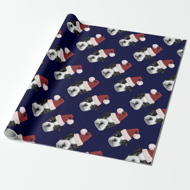 Blaues Weihnachtsboston-Terrier-Packpapier Geschenkpapier (Ungerollt)