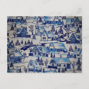 Blaues Weihnachtsdorf im Vintage-Stil Feiertagspostkarte