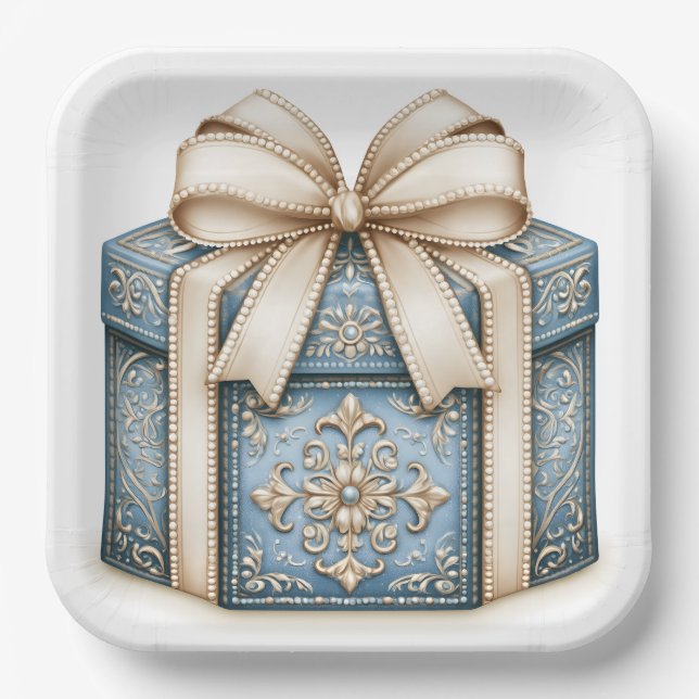 Blaues Weihnachtsgeschenk Pappteller (Vorderseite)