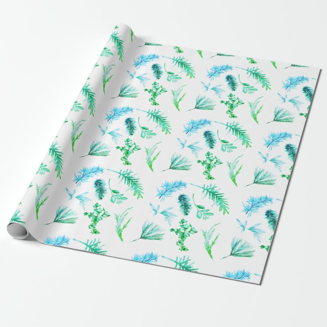 Blaues Weihnachtskiefer Botanisches Wrapping Paper Geschenkpapier (Ungerollt)
