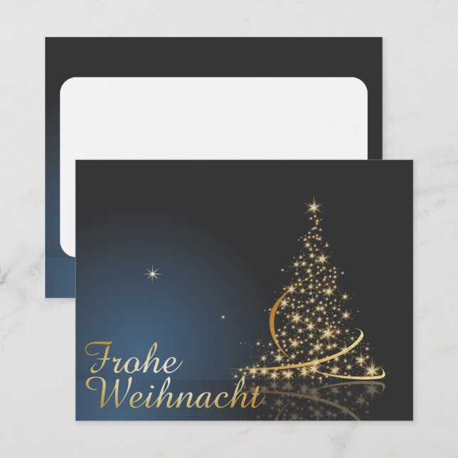 Blaues Weihnachtsmotiv mit goldenem Weihnachtsbaum Einladung (Vorne/Hinten)