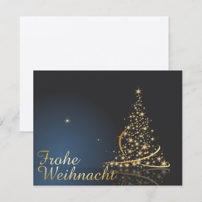 Blaues Weihnachtsmotiv mit goldenem Weihnachtsbaum Einladung (Vorne/Hinten)