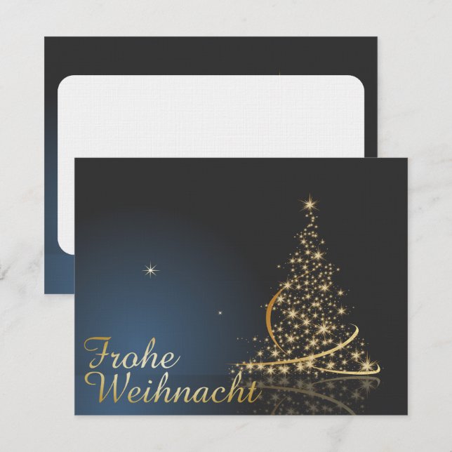 Blaues Weihnachtsmotiv mit goldenem Weihnachtsbaum Einladung (Vorne/Hinten)