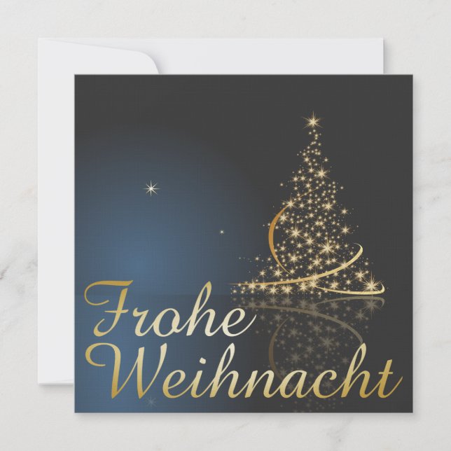 Blaues Weihnachtsmotiv mit goldenem Weihnachtsbaum Einladung (Vorderseite)
