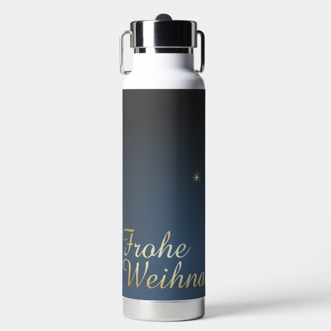 Blaues Weihnachtsmotiv mit goldenem Weihnachtsbaum Trinkflasche (Vorderseite)