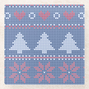 Blaues Weihnachtsstrickmotiv Glasuntersetzer