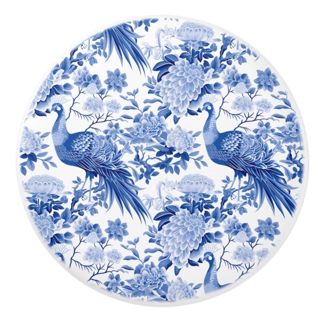 Blaues Weiß Chinoiserie Blumenpfaue Vögel Keramikknauf (Vorderseite)