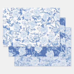 Blaues Weiß Chinoiserie Vögel & Blumenporzellan Geschenkpapier Set