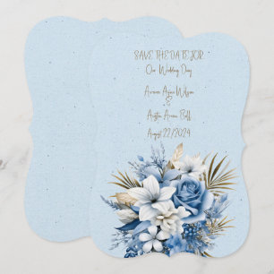 Blaues Weiß und braunes Blumenbouquet Save The Date