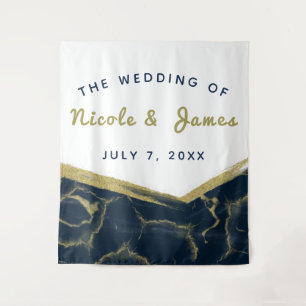 Blaues Weiß und Gold Marmor Moderne Hochzeit Wandteppich