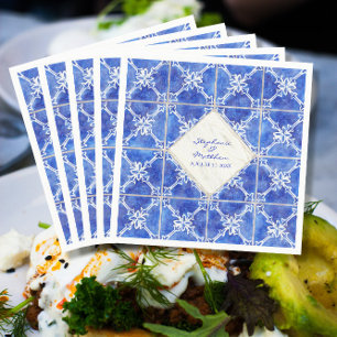 Blaues, weißes Fliesenmuster Hochzeit Wasserfarbe  Serviette