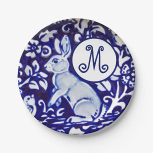 Blaues Weißes Kaninchen-Bird-Floral-Monogramm Ele Pappteller
