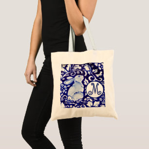 Blaues Weißes Kaninchen-Bird-Floral-Monogramm Ele Tragetasche
