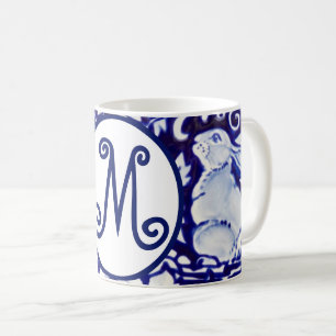 Blaues Weißes Kaninchen Bunny Floral Monogram Ele Kaffeetasse