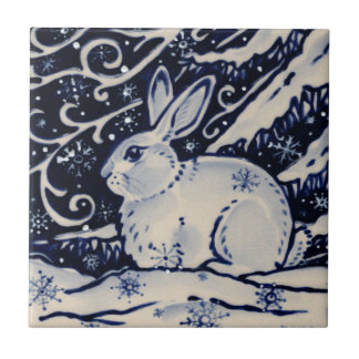 Blaues Weißes Kaninchen Winterschnee Chinoiserie C Fliese