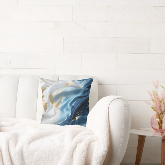 Blaues weißes Marmor mit goldenem Seidenaussehen Kissen (Liege)