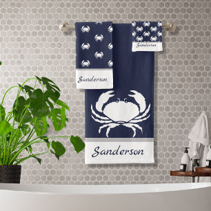 Blaues weißes Monogramm der Nautikkrabbe Badhandtuch Set