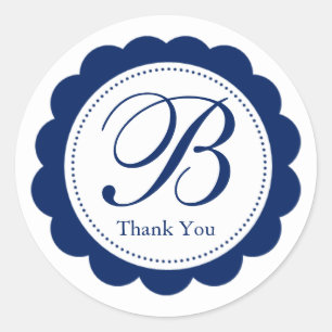 Blaues weißes Scallope Circle Monogramm Runder Aufkleber