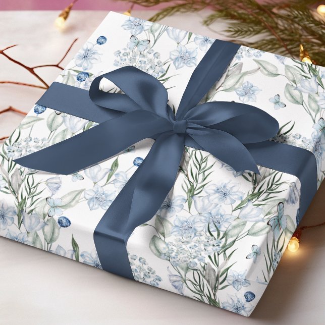 Blaues weißes Schmetterling Wasserfarbenes Blumenm Geschenkpapier (Von Creator hochgeladen)