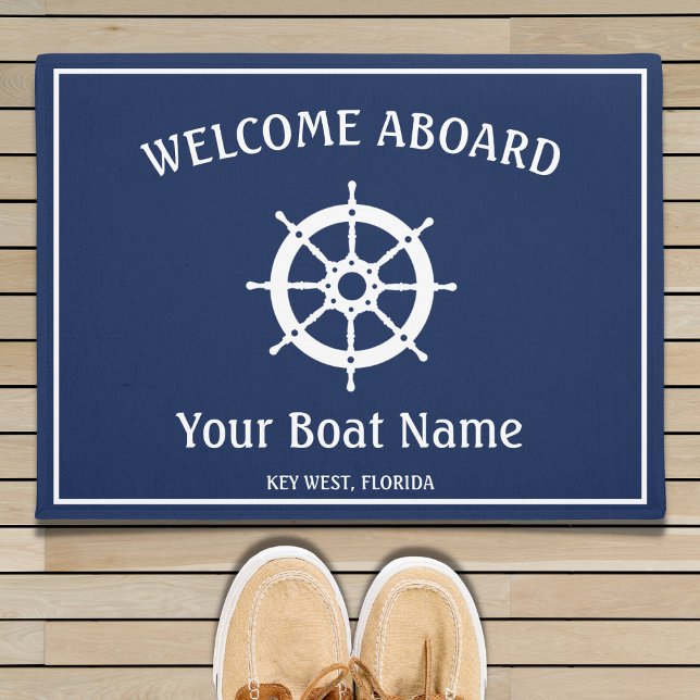 Blaues weißes Willkommen an Bord des Schiffs Helm Fußmatte (Von Creator hochgeladen)