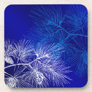 Blaues weißes Winterpinienmuster Getränkeuntersetzer