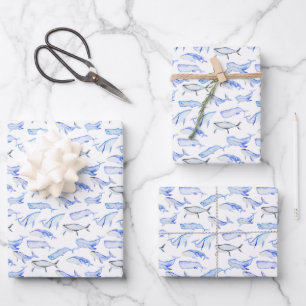 Blaues Whale-Muster Geschenkpapier Set