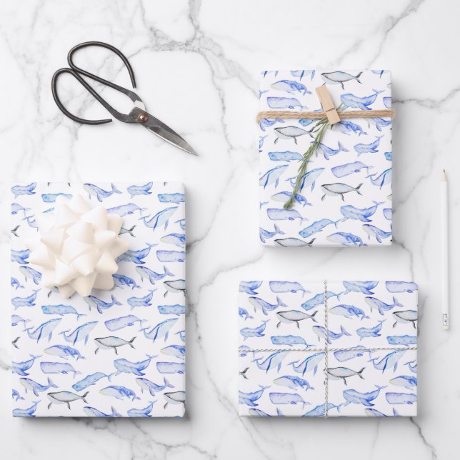 Blaues Whale-Muster Geschenkpapier Set (Vorderseite)
