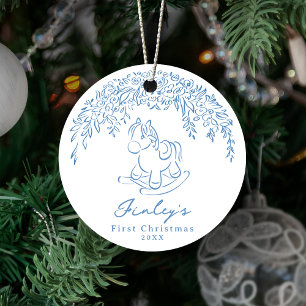 Blaues Whimsical Schaukelpferd Baby's 1. Weihnacht Keramik Ornament