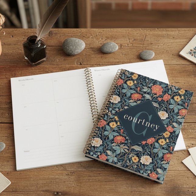 Blaues William Morris Blumenmuster Elegantes Monog Planer (Von Creator hochgeladen)