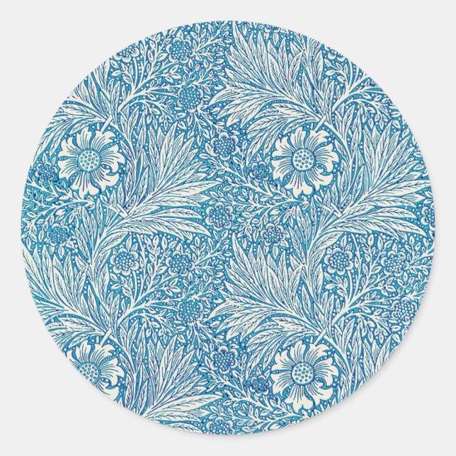 Blaues William Morris Blumenmuster Runder Aufkleber (Vorderseite)