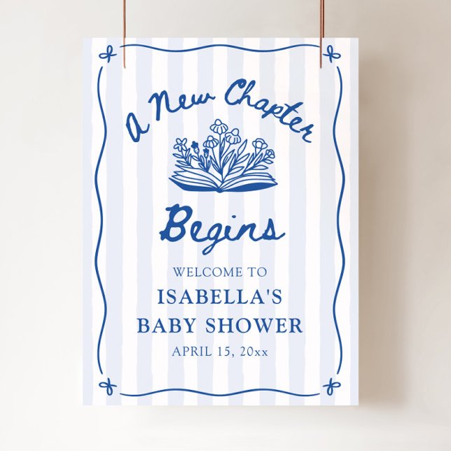 Blaues Willkommensschild - Ein neues Kapitel begin Poster (Blue A New Chapter Begins Baby Shower Welcome Sign)