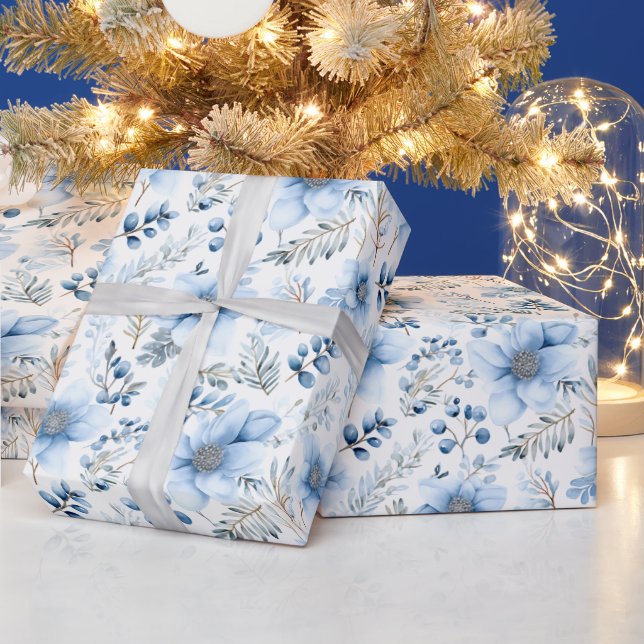 Blaues Winter-Blumenmuster Geschenkpapier (Feiertage)