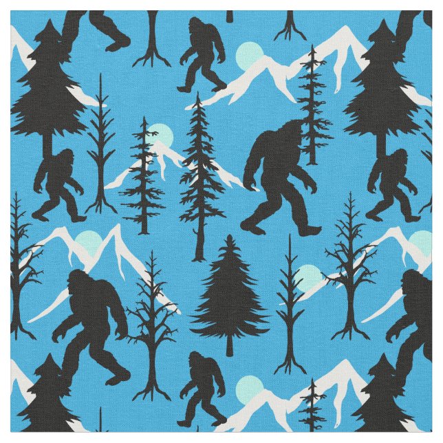 Blaues Winter-Sasquatch und Pine Trees Muster Stoff (Nahaufnahme)