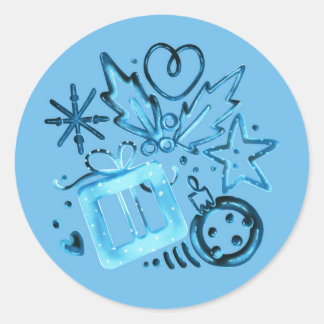 Blaues Wintergeschenk & Stechpalme, Schneeflocken  Runder Aufkleber