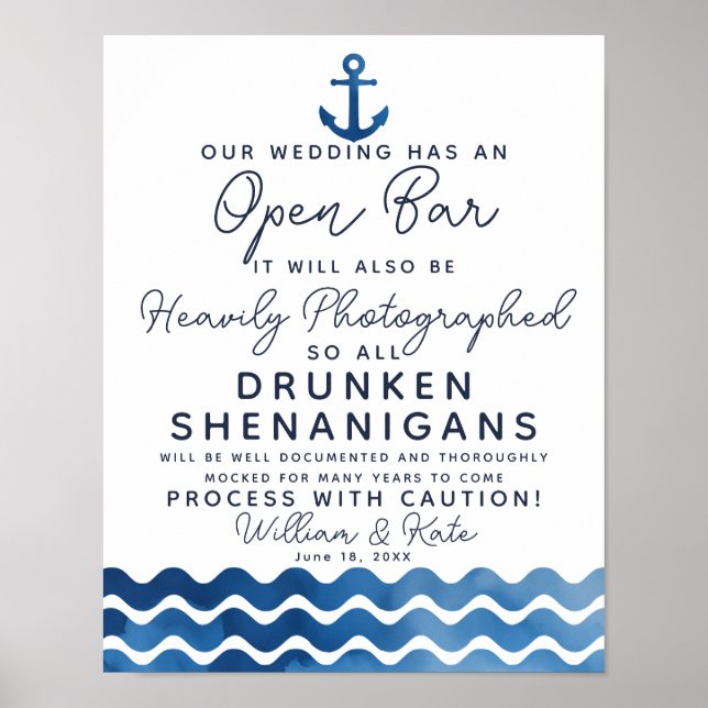 Blaues Zeichen der Nautischen Marine Open Bar Sign Poster (Vorne)