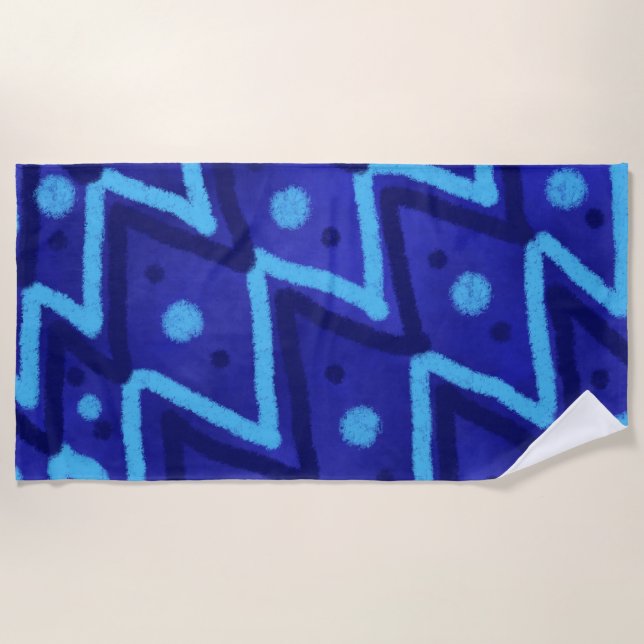 Blaues Zick-Zack-Punkte-Funky-Muster  Strandtuch (Vorderseite)