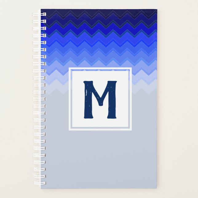Blaues Zickzack Muster Mit Monogramm Planer (Vorderseite)