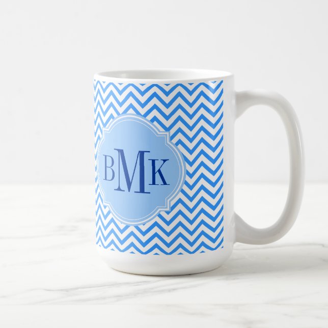 Blaues Zickzack Zickzack-Muster-Monogramm Kaffeetasse (Rechts)