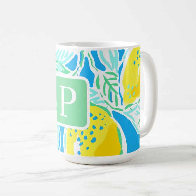 Blaues Zitronenmuster-Monogramm  Kaffeetasse (VorderseiteRechts)