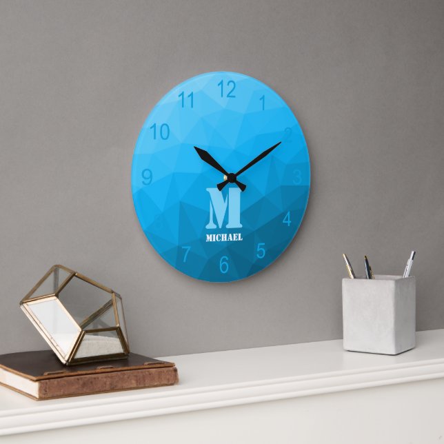 Blaues zyangradientengeometrie Mesh Muster Monogra Große Wanduhr (Büro)