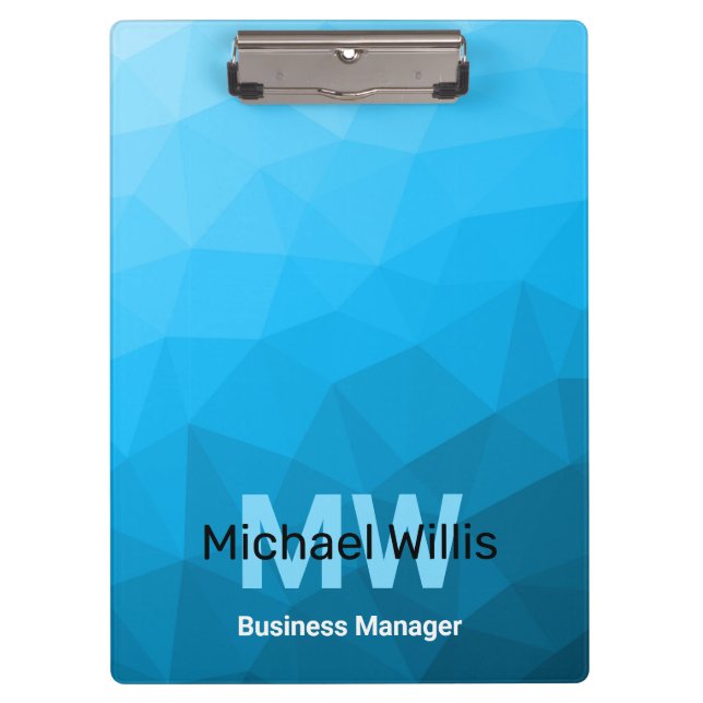 Blaues zyangradientengeometrisches Monogramm Klemmbrett (Vorderseite)