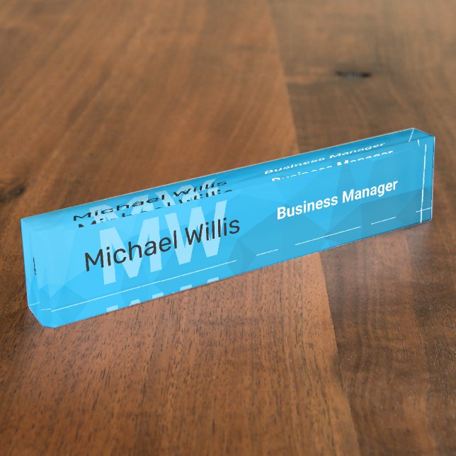 Blaues zyangradientengeometrisches Monogramm Namensplakette (Seite)