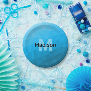 Blaues zyangradientengeometrisches Monogramm Pappteller