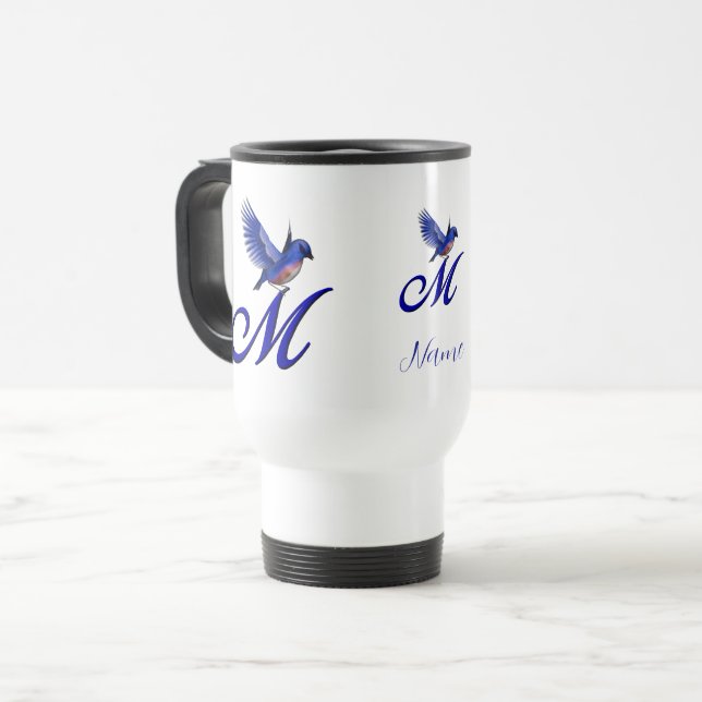 Blauevogel-Monogramm Anfangsbuchstabe M Elegant Pe Reisebecher (Vorderseite Links)