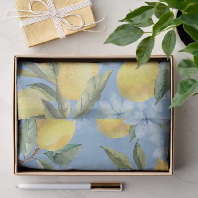 Blaufarben-Lemon und Blume-Gewebe-Papier Seidenpapier (Watercolor Lemon and Flower Floral Tissue Paper in Blue)